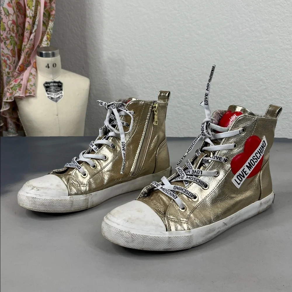 LOVE MOSCHINO Gold Heart Metallic Lace Up High Top Zip SOLD OUT Sneakers Shoes - Picture 2 of 10